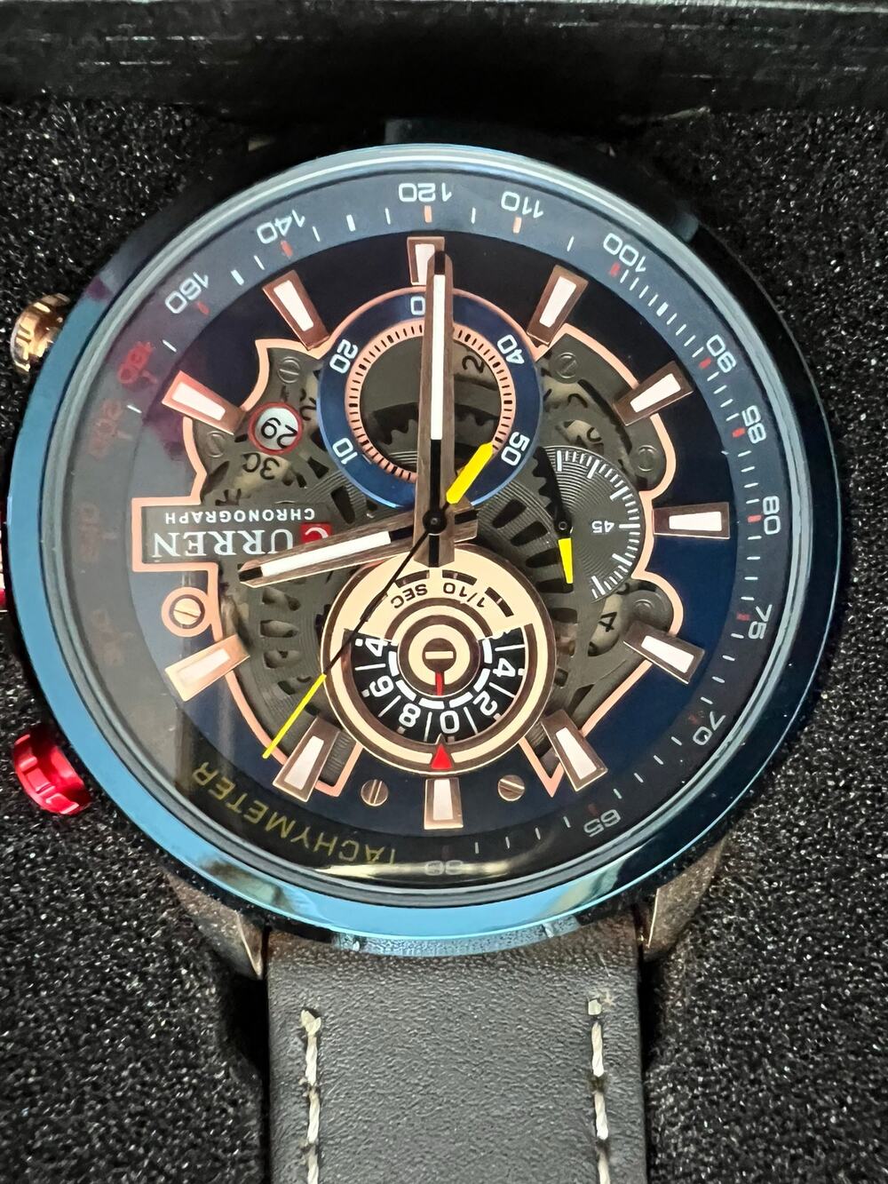 NIB CURREN 8380 Chronograph Skeleton Dial Blue Bezel Leather Men's Watch